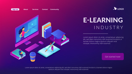 Students e-learning at huge computer with teacher online. E-learning industry, online digital education, e-certification exam concept. Isometric 3D website app landing web page template