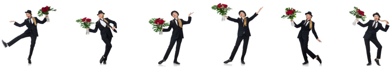 Businesswoman with bunch of flowers isolated on white 