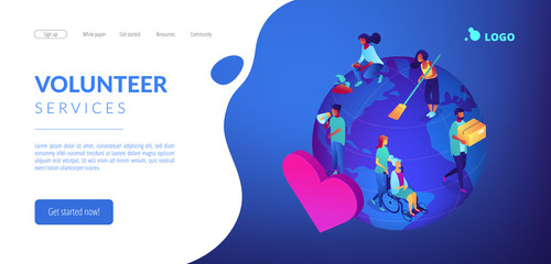 Obraz premium Volunteers at work on globe cleaning, helping the elderly, planting and donating. Volunteering, volunteer services, altruistic job activity concept. Isometric 3D website app landing web page template