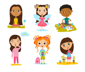 Happy kids cartoon collection. Multicultural children in different positions isolated on white background