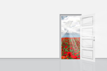 Open door from the room to bright field vector illustration.