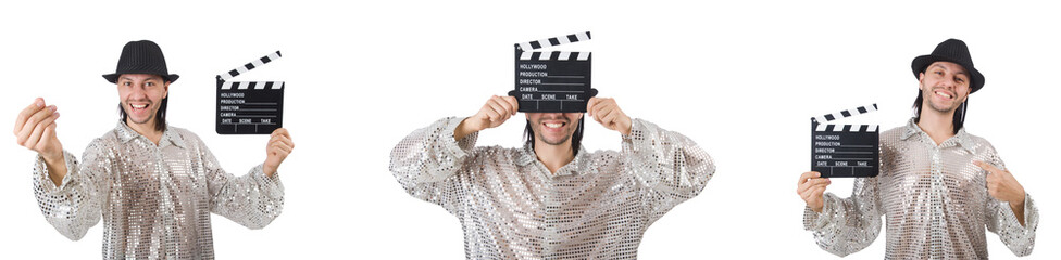 Young man with clapper-board isolated on white 