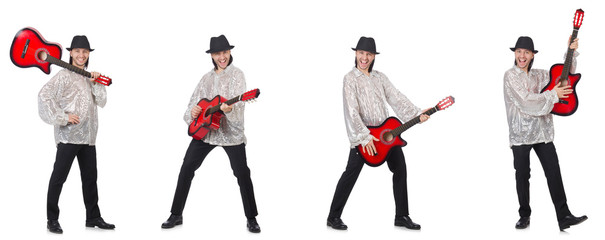 Young man with guitar isolated on white 