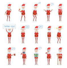Big set of Santa Claus characters posing in different situations. Cheerful Santa karaoke singing, dancing, sleeping, holding banner, mug of beer and doing other actions. Flat vector illustration