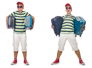 Young man with suitcase isolated on white 