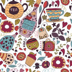 kitchen set in vector on white background. Stylish design elements: spoon, mug, kettle, bottle, fruit,glass and others. Made with ink