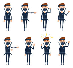 Set of ninja characters showing different hand gestures. Cheerful ninja standing, showing thumb up, victory hand, pointing, this way, greeting. Vector illustration.