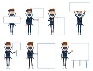 Set of ninja characters posing with different blank banners. Cheerful ninja with poster, paper, placard, pointing to whiteboard, teach, promote, advertise. Flat style vector illustration