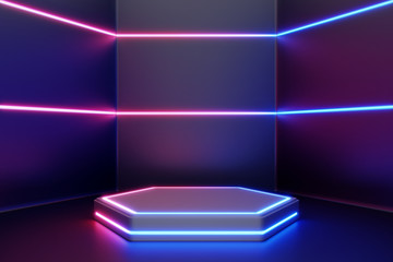 Blank product stand with line neon lights. 3d rendering