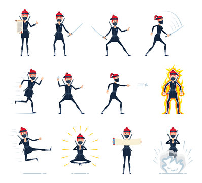 Big set of female ninja characters showing different actions, gestures, emotions. Cheerful ninja running, jumping, meditating, attacking, in rage and doing other actions. Simple vector illustration