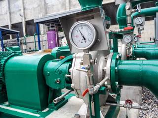 Pressure gauge of measuring instrument close up in industry zone at power plant with closed up