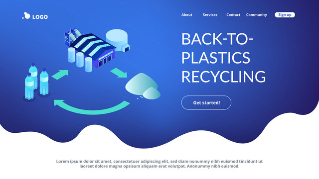Plastic bottles taken to recycling plant and material recovery. Mechanical recycling, back-to-plastics recycling, waste material reuse concept. Isometric 3D website app landing web page template