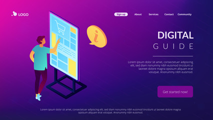 Businessman standing in front of digital guide screen looking for information. Digital guide, mobile guide app, interactive tour concept. Isometric 3D website app landing web page template