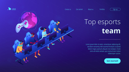 Tiny people team of cybersport players in headsets playing electronic game online. Cybersport team, e-games tournament, top esports team concept. Isometric 3D website app landing web page template © Visual Generation