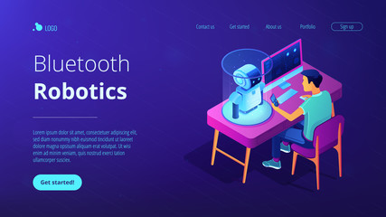 Robotics engineer at desk with computer and mobile phone programming robot. Robotics process automation and technology, bluetooth robotics concept. Isometric 3D website app landing web page template