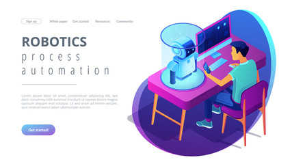 Robotics engineer at desk with computer and mobile phone programming robot. Robotics process automation and technology, bluetooth robotics concept. Isometric 3D website app landing web page template