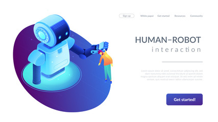 Huge robot lifting businessman by the collar and holding him. Human-robot interaction and cooperation, workplace automation, robot takeover concept. Isometric 3D website app landing web page template
