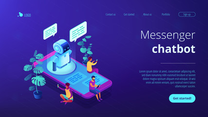 Users with digital gadgets sitting on smartphone screen and chatting with chatbot. Social media bots, messenger chatbot, auto reply software concept. Isometric 3D website app landing web page template - obrazy, fototapety, plakaty