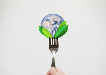 Green food, environmental concept. Hand holding fork with leaves and globe. Element of this image...