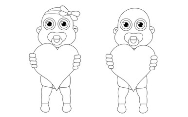 Baby girl and boy with hearts outline. Stock isolated illustration
