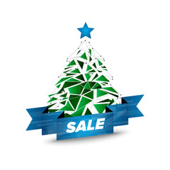 Low poly Christmas tree icon with the sale ribbon