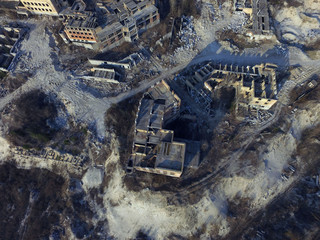 Fototapeta premium Abandoned construction site of Hospital. (aerial drone image)Abandoned at 1991,during Ukrainian undependence crisis. Kiev,Ukraine