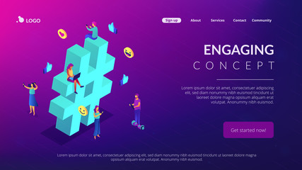 Business people at huge hashtag send and share posts and social media. Social listening tools, engaging content, hashtag tracking concept. Isometric 3D website app landing web page template