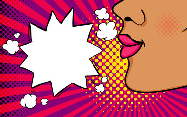 Close up of young beautiful woman, creams announcement, speech bubble..Vector colorful background in pop art retro comic style.