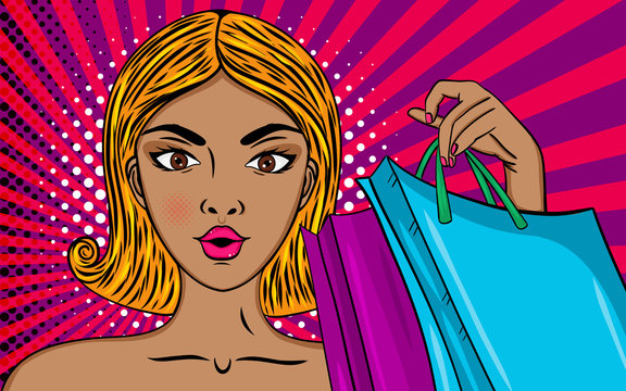 Sexy surprised woman with shopping bags, big sales.Vector colorful background in pop art retro comic style.