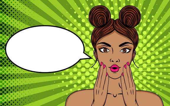 Sexy girl with opened  mouth, wow effect. Shocked woman, surprised with speech bubble.Vector colorful background in pop art retro comic style.