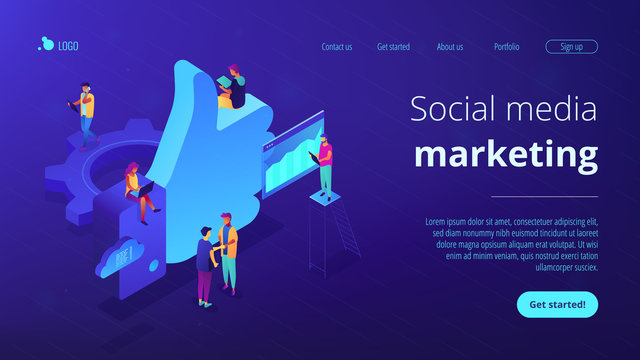 Social media marketing managers and specialist working and thumb up. Social media marketing, social customer care, SMM for business growth concept. Isometric 3D website app landing web page template