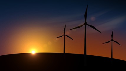 Illustration of beautiful silhouette of electrical wind turbine on top of a hill with beautiful blue purple sky.