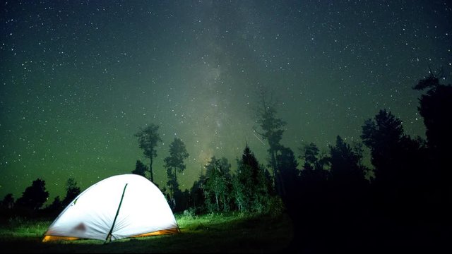 Camping Tent sleeping under stars Milky Way Time-lapse 4K