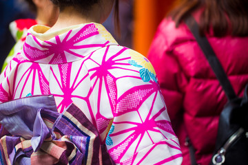 Young japanese girl wearing Kimono traditional cloth in Inari shrine