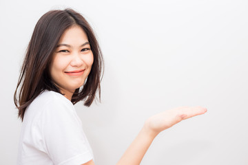 Beautiful asian wellness smiling women show welcome hand sign