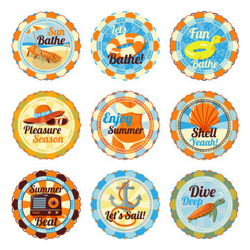 Vector set of cute bright summer badges with slogans. Chase lounge, bathing duck, hat and glasses, bikini girl, shell, radio, anchor, sea turtle.