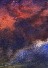 Dark watercolor abstract background. Blue and brown spots. ground texture, stormy sky or rusty iron. Hand-drawn watercolor illustration