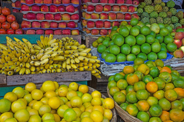 fresh fruit are on sale in the market apples orange banana