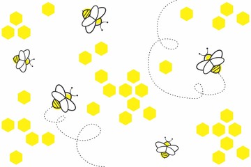 Abstract geometric background with yellow hexagons and bees on white background. Seamless pattern with honeycombs, bees and dotted lines of flight of bees. Cute, decorative background