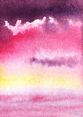 Colorful abstract watercolor background. Pink, lilac, violet sunset, sunrise sky. Hand drawn on a wet paper