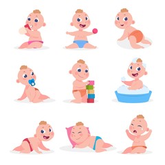 Cartoon baby. Newborn child in diaper eating sleeping crying playing, happy toddler learning to walk and sitting. Vector flat kids