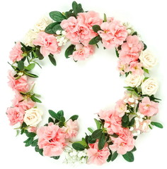 Obraz na płótnie Canvas Wreath Flowers composition background . Pink flowers azalea pattern frame on white background. Top view. Copy space. Holiday concept