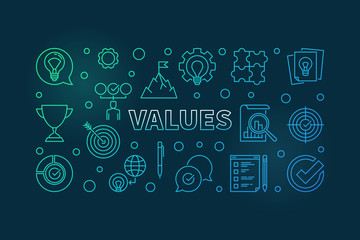 Business Values vector horizontal colorful outline illustration on dark background
