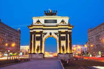 Moscow, Russia, Triumphal arch. Evening. Moscow Triumphal gate is a copy of the gate in honor of the victory of the Russian people in the Patriotic war of 1812 built in 1966-1968 on Kutuzov Avenue nea