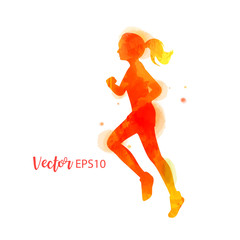 Fototapeta na wymiar Women's running silhouette on watercolor background. Runner vector illustration. Feminism concept. Digital art painting.