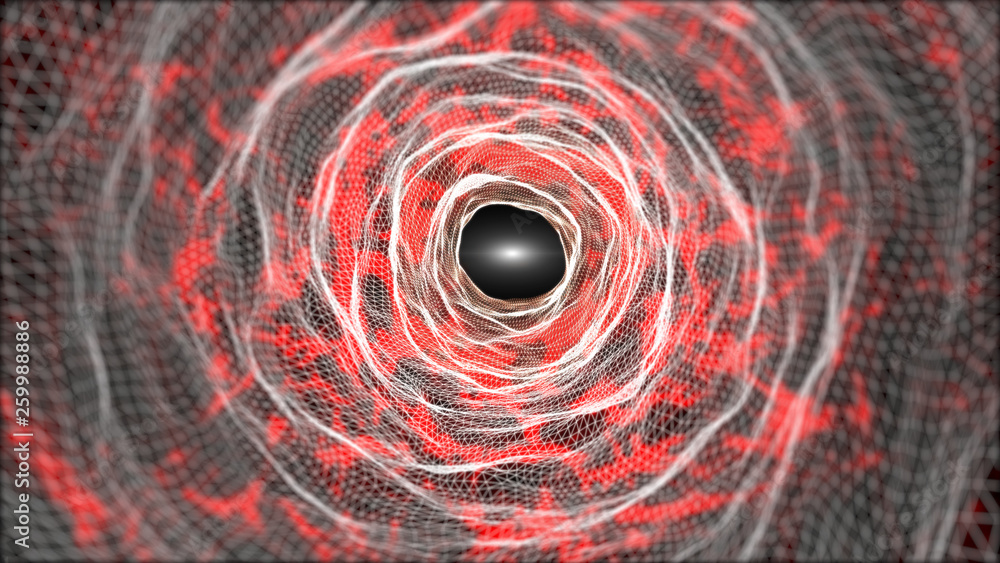 Poster 3D illustration rendering futuristic white red grid wire mesh tunnel, cyber data network technology concept.