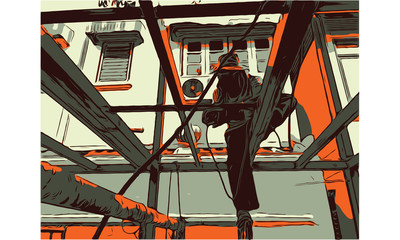 Worker cutting metal with a power saw at a construction site, representing industrial work, metal fabrication, and construction process