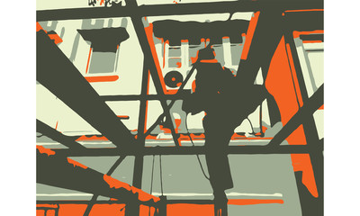 Worker cutting metal with a power saw at a construction site, representing industrial work, metal fabrication, and construction process