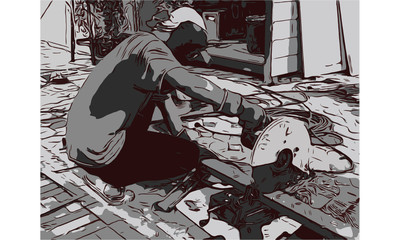 Worker cutting metal with a power saw at a construction site, representing industrial work, metal fabrication, and construction process