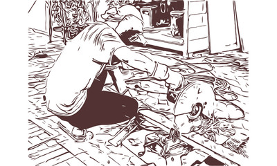 Worker cutting metal with a power saw at a construction site, representing industrial work, metal fabrication, and construction process